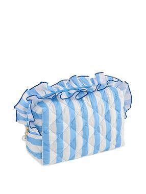 Shiraleah Fancy Large Zip Pouch Makeup Bridal Trip Travel Blue & White Ruffle